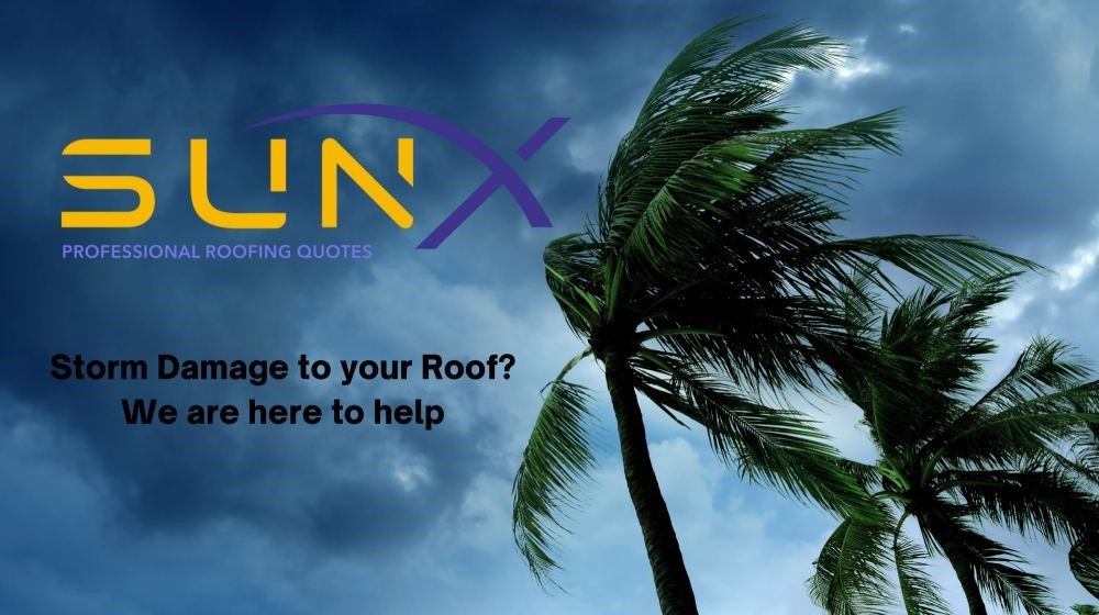 Palm trees under a stormy sky, with a caption reading 'Storm Damage to your Roof? We are here to help.'